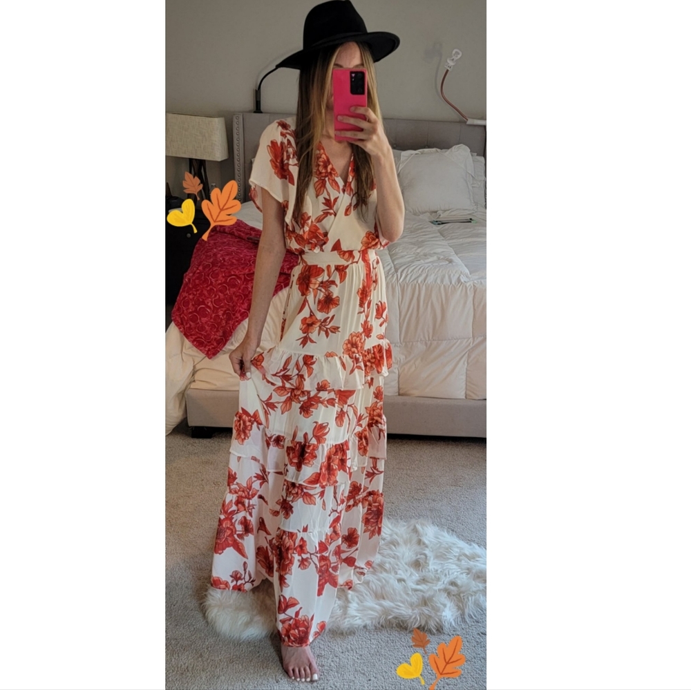 SOLD - Red Dress Floral Flutter Sleeve Maxi Dress